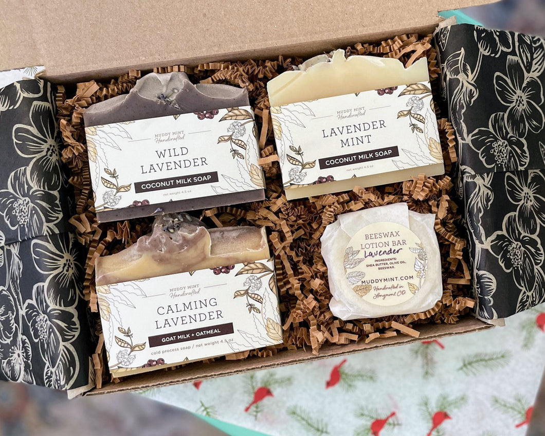 Lavender Soap Gift Box - Three Soaps + Lavender Lotion Bar